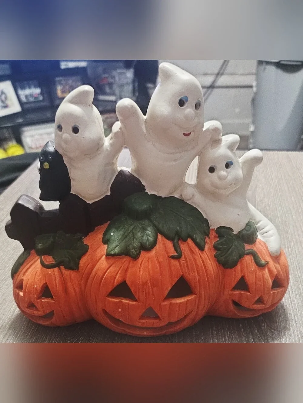 Vintage Halloween Ceramic Figure 3 Ghosts and a Crow on Jack O Lanterns